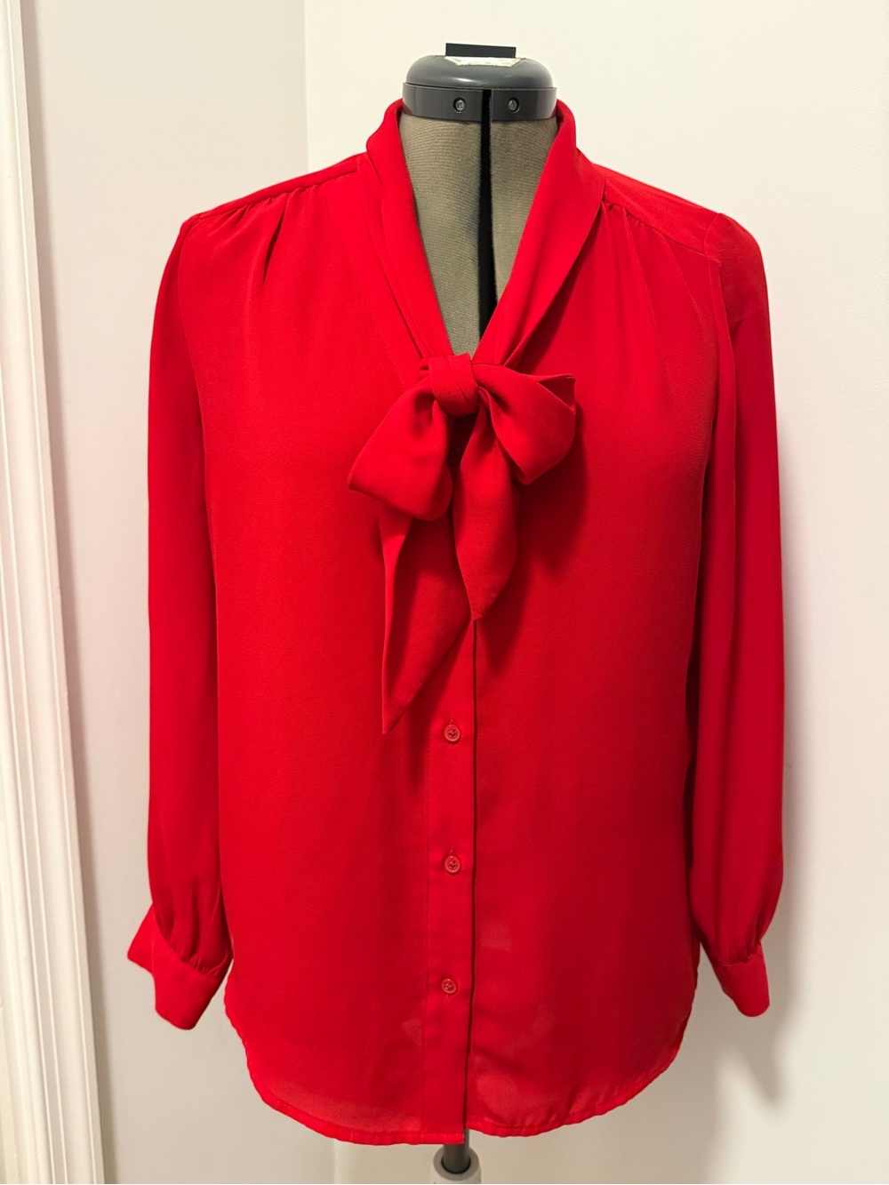 Women's Red Tie-Neck Blouse with Bow Detail